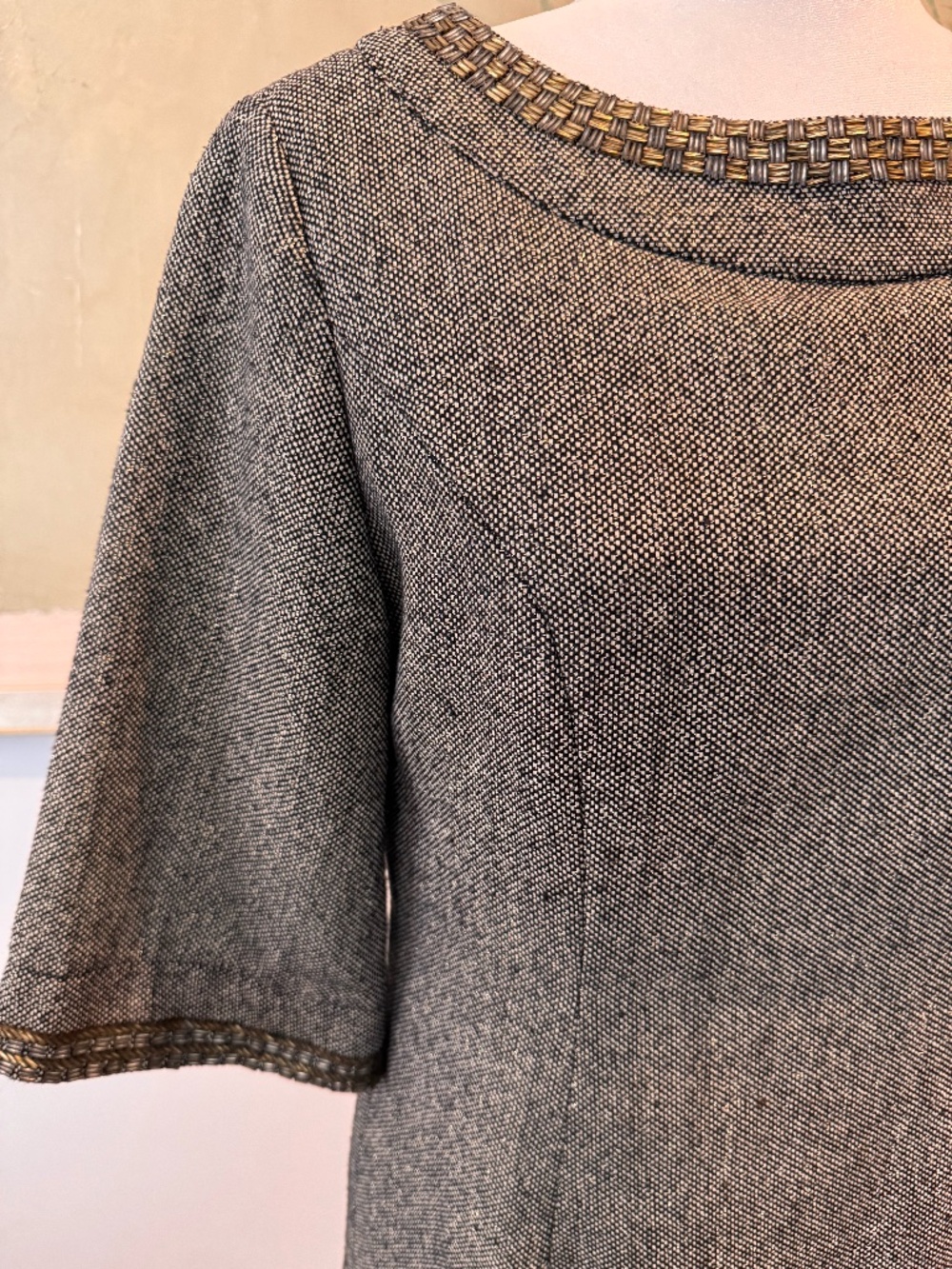 Metallic Black/White Tweed Dress with Metallic Bugle Beads Trim